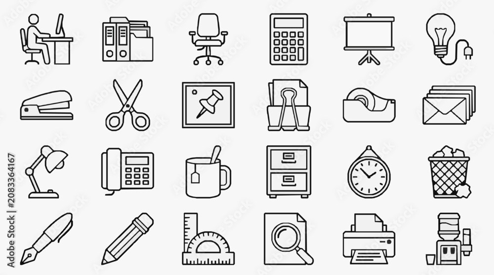 Fototapeta premium Dynamic Black and White Line Icons Set Featuring Office Supplies Tools and Work Environment Elements