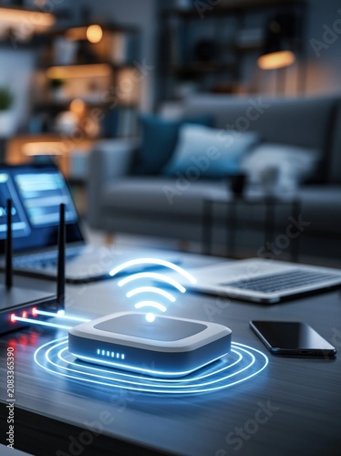 Modern Wireless Router Broadcasting Wi-Fi Signal in a Cozy Home Office Environment