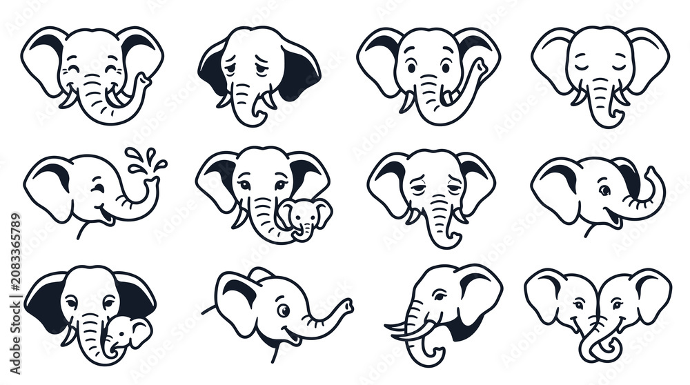 Obraz premium collection of stylized elephant head icons and faces with various expressions, simple line art and pixelated designs, graphic elements