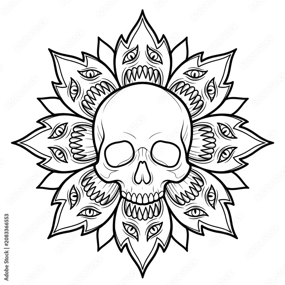 Fototapeta premium Gothic Skull Mandala with Monster Flower Petals Coloring Page
