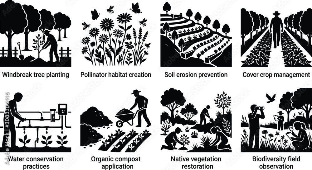 Fototapeta premium Set of sustainable agriculture and environmental conservation icons featuring farming practices, ecological restoration, and biodiversity monitoring concepts