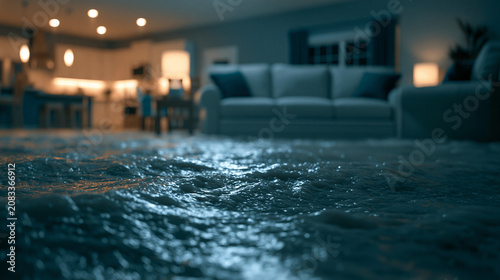 Flooded living room floor with water damage from internal house leak disaster emergency insurance