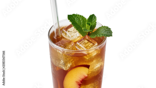 Photos Peach iced tea with ice cubes mint leaves, and straw