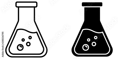 Photos Erlenmeyer flask with bubbling liquid during scientific experiment with clean ba