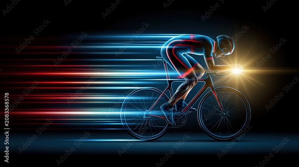 Fototapeta premium Dynamic cyclist in a futuristic neon light trail, illustrating speed and motion on a bicycle