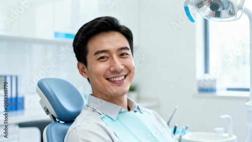 Smiling Asian male patient sitting comfortably in a blue dental examination chair wearing a turquoise protective bib during a clinic appointment.