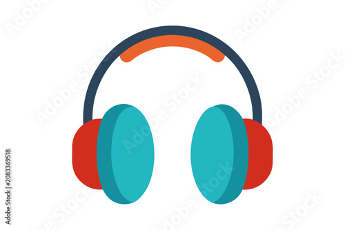 Colorful vector graphic illustration of modern headphones with red ear cups and teal and orange accents on a white background for music and audio design