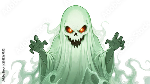 Foto Scary green ghost with glowing red eyes and sharp teeth