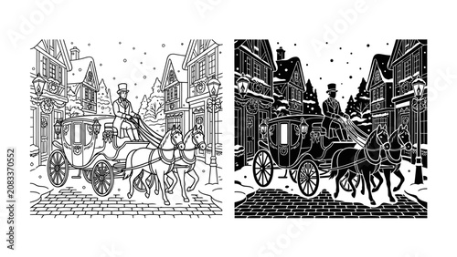 Fotografie Winter Carriage Ride Illustration: A charming illustration depicts a horse-drawn carriage traversing a snowy town street during winter, with snow falling gently on buildings and trees