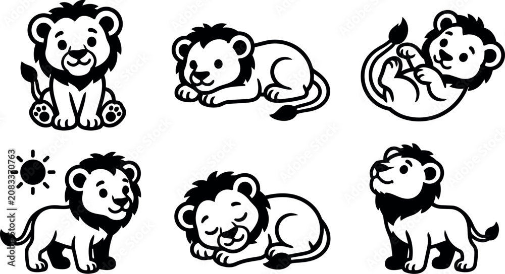 Fototapeta premium Black and white cute cartoon lion cubs in various playful and resting poses