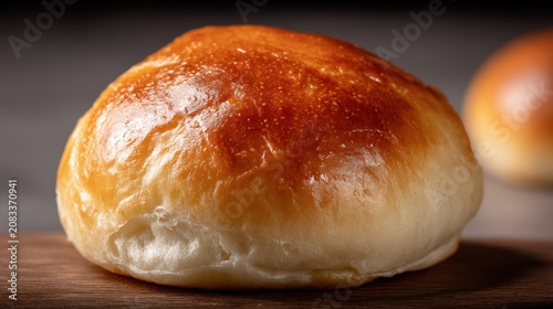 Golden Brown Baked Brioche Bun Ready for Delicious Sandwich Creation on Wooden Board