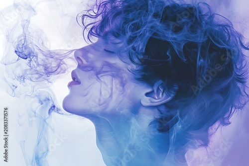 Artistic portrait of a young person with curly hair surrounded by blue smoke