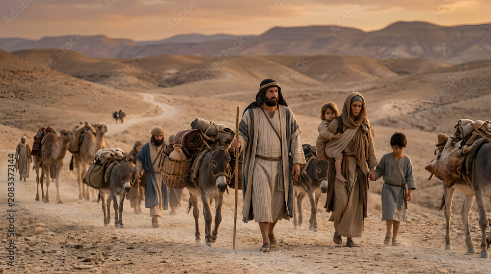 Fototapeta premium Holy family traveling through a desert landscape with a donkey and supplies, biblical scene at sunset