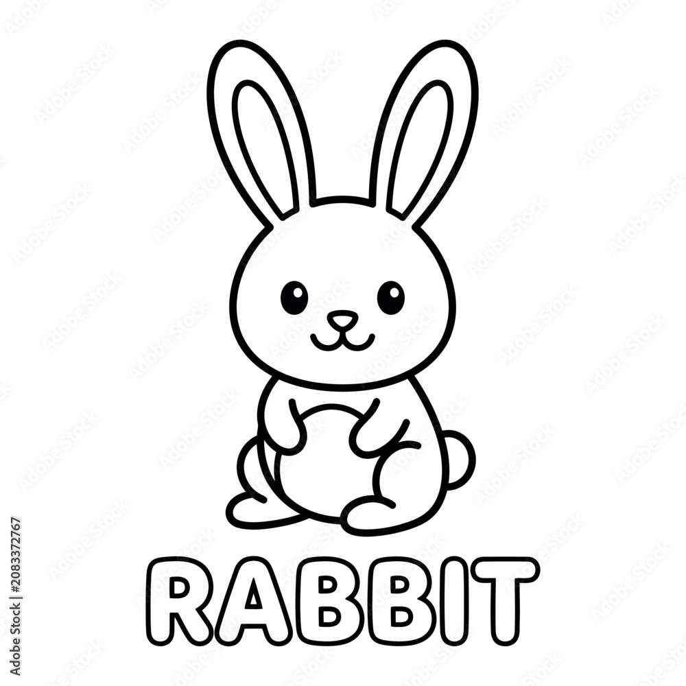 Fototapeta premium Cute cartoon bunny rabbit coloring page for toddlers, simple vector line art illustration with bold text label for kids educational preschool activity books.