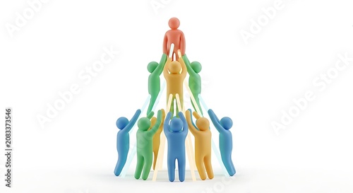Red, green, blue, and yellow cartoon figures forming a supportive pyramid with poles on a white background, symbolizing teamwork and collective effort.
