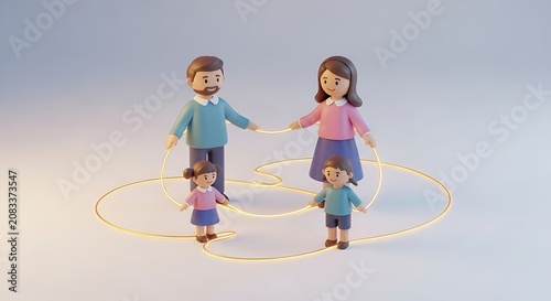 Four 3D cartoon people, two adults and two kids, holding a golden ring together on a light gray background. Warm family teamwork concept.
