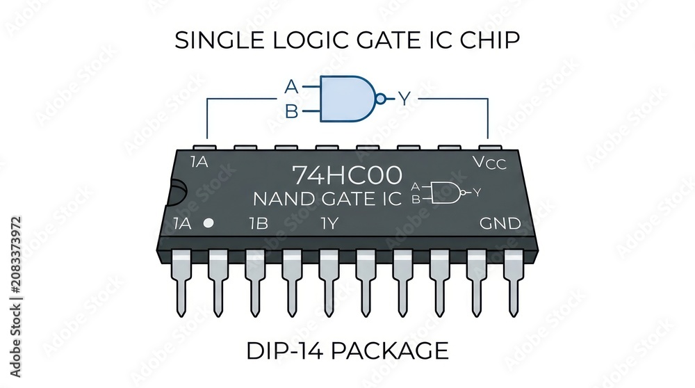 Obraz premium NAND logic gate integrated circuit chip schematic and pins electronic component schematic.