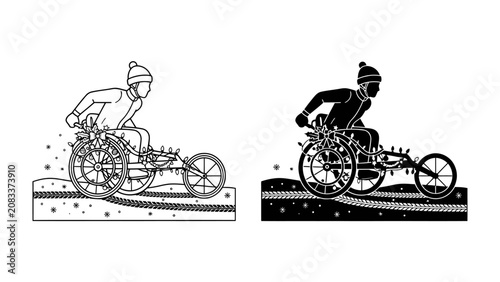 Photos Winter Wheelchair Race: An athlete in a wheelchair navigates a snowy track, their racing chair adorned with festive lights
