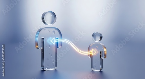 Two transparent 3D human figures with water drops linked by blue and orange arrows on a light blue gradient. Tech communication concept.