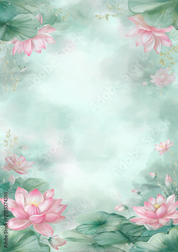 A soft pastel floral background featuring pink lotus flowers and green leaves, arranged around the edges to create a frame.