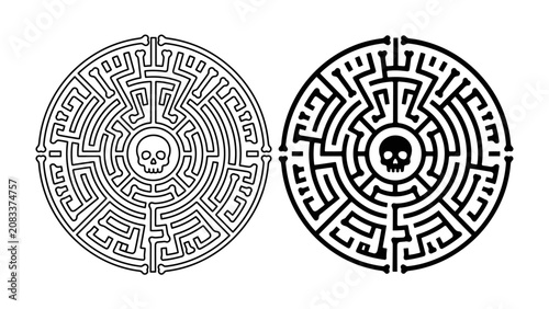 Canvastavla Circular Maze with Skull: A complex circular maze design with a skull at its center, presented in both outline and filled versions, symbolizing challenge and mystery