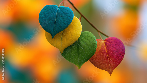 Vibrant heartshaped leaves in a colorful gradient on a branch with a blurred background of autumn colors