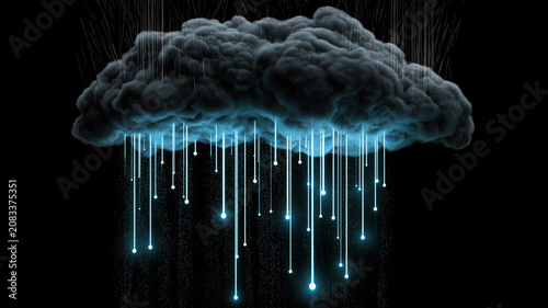 Dark gray cloud with blue glowing raindrops falling against a black background