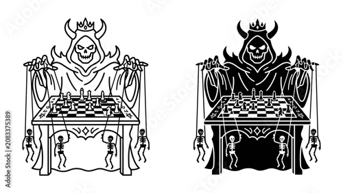фотографія Grim Reaper Controlling Marionette Skeletons Playing Chess
