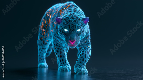 Glowing blue leopard with orange spots on body standing on dark surface