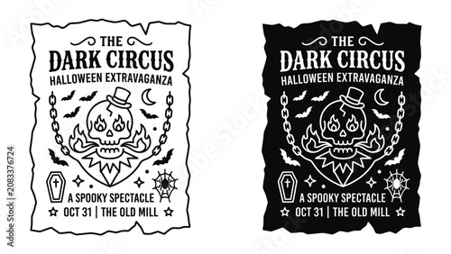 Quadro su tela Dark Circus Halloween Extravaganza: A spooky Halloween poster featuring a grinning skull in a top hat, surrounded by bats, chains, stars, and flames, announcing a ghoulish spectacle