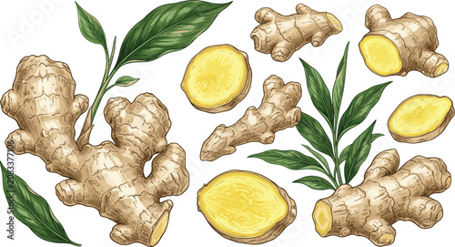 Foto Detailed vector illustration of a ginger root collection featuring whole rhizomes, fresh slices, and green leaves, featured in image_fa187e