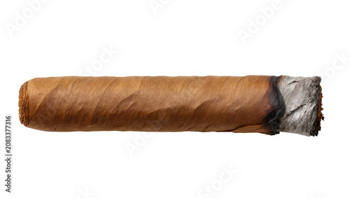 Photography Rolled tobacco cigar with ash on one end