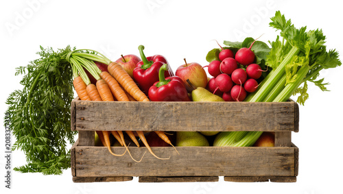 Photography Wooden crate overflowing with fresh carrots apples red peppers radishes pears, a