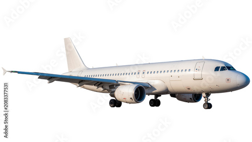Canvas-taulu White passenger jet airplane with blue wingtips and engines