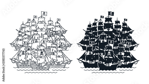 Photos Pirate Fleet Armada: A formidable fleet of pirate ships, depicted in both outline and silhouette, sails the open sea under ominous skull and crossbones flags, symbolizing adventure and danger