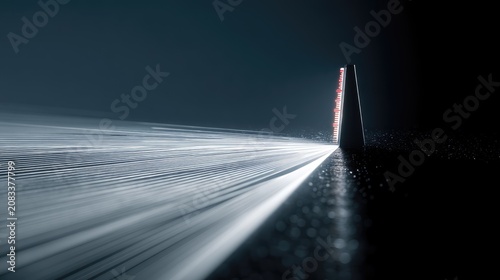 A long, dark road stretches into the distance, illuminated by a bright, vertical light source resembling a futuristic tower or beacon.