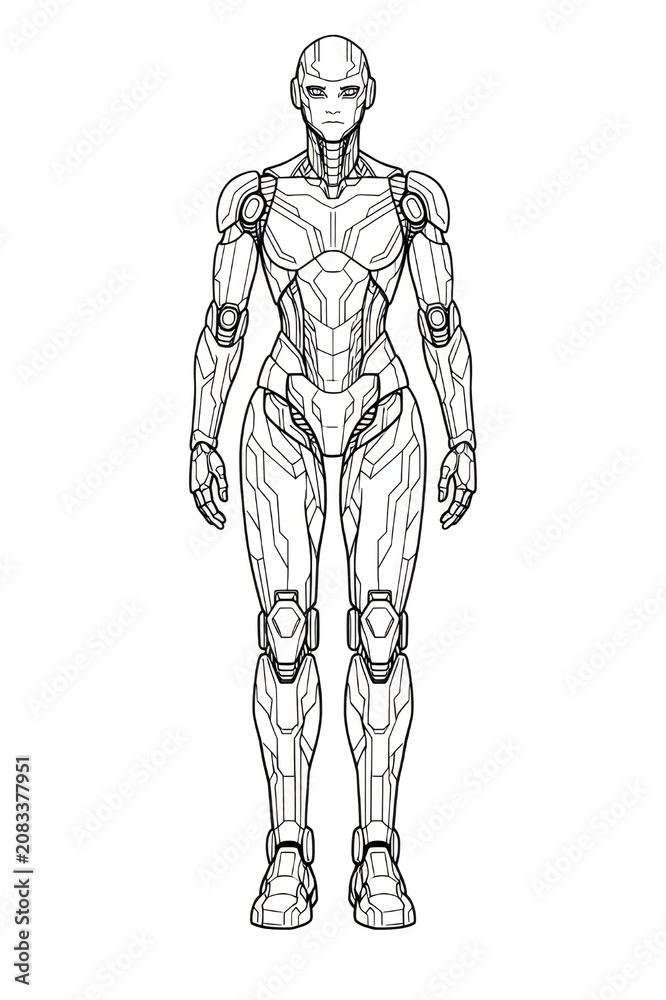 Fototapeta premium Full Body Humanoid Robot Wireframe Anatomy Technical Line Art Vector Illustration 