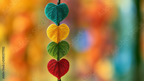 Four heart shaped leaves in different colors on a blurred background