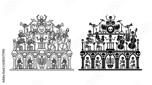 Schilderij op canvas Skeletons Band on Stage: Two intricate black and white illustrations depict skeletal musicians performing on elaborate stages, one featuring a rock band setup and the other an orchestral ensemble
