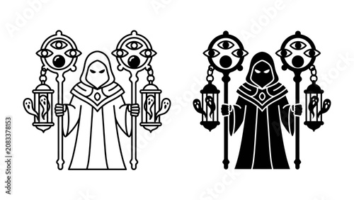 Obraz na plátně Mysterious hooded figure with arcane symbols and lanterns: An enigmatic character shrouded in a hooded robe, holding staffs topped with stylized eyes and flanked by ornate lanterns
