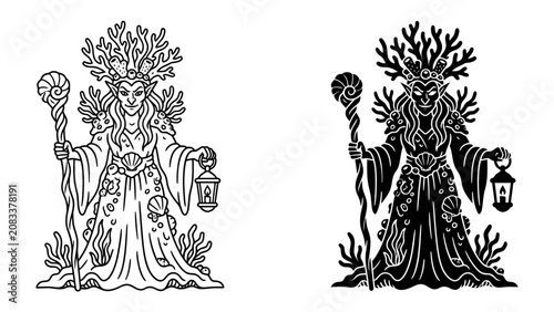 Εκτύπωση καμβά Oceanic Goddess with Lantern: A mystical oceanic goddess, adorned with coral and seashells, holds a lantern and staff in a depiction of ancient mythology and the sea