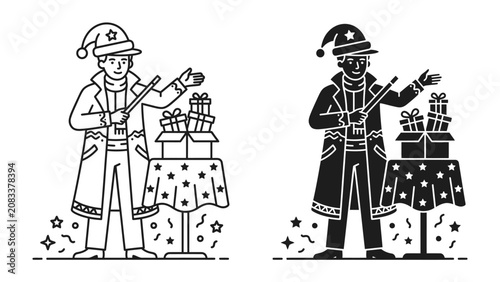 Magician with Gifts: A line art illustration and its silhouette counterpart show a magician in a festive hat and coat, holding a wand and conjuring gifts from a decorated table.