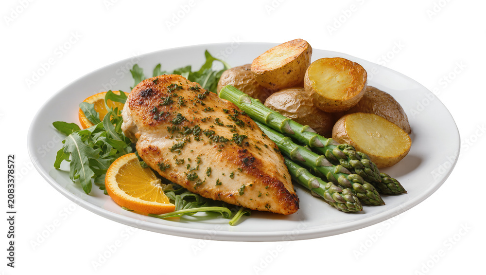 Naklejka premium Grilled chicken breast with roasted potatoes asparagus arugula, and orange slices