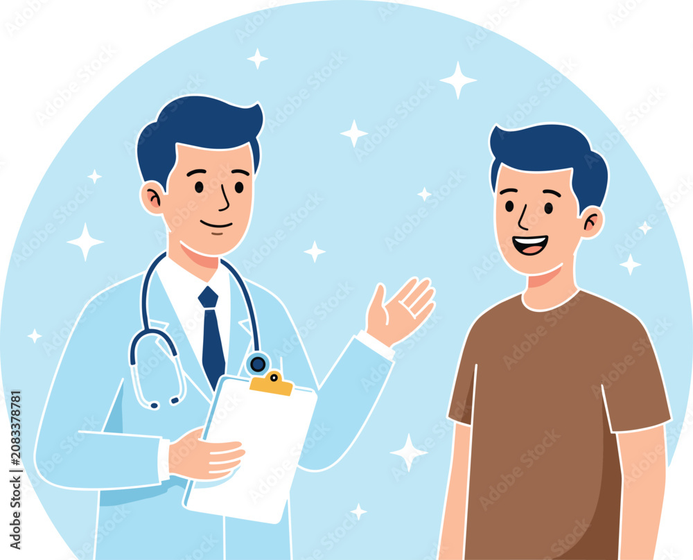 Fototapeta premium Friendly doctor having positive consultation and discussion with happy male patient in clinic office setting illustration