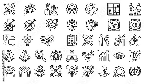 Corporate Culture Leadership and Teamwork Thin Line Vector Icons Set with Mission Vision Strategy Success and Business Values