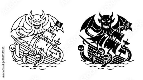 Schilderij op canvas Demonic Kraken Attack on Pirate Ship: A chilling depiction of a monstrous kraken with devilish features and bat-like wings engulfing a pirate ship, amidst a stormy sea