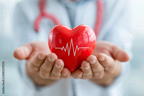 Doctor holding red heart shape with heartbeat line in hands