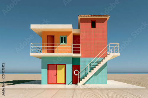 Colorful modern beach house with outdoor stairs on sand