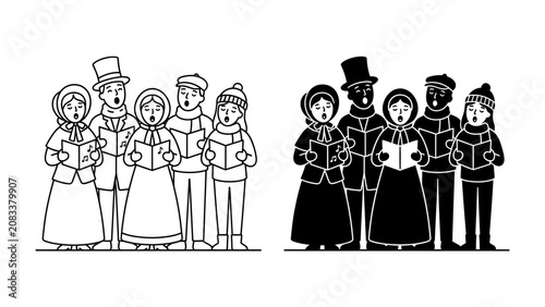 Bild auf Leinwand Christmas Carolers: A group of carolers, both in outline and silhouette, dressed in vintage attire and hats, sing holiday songs together, holding songbooks open