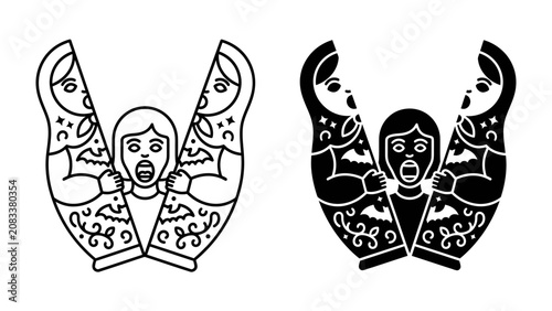Foto Matryoshka Doll with Surprise Inside: Two stylized Matryoshka dolls, one outlined and one solid black, open to reveal a surprised child in the center